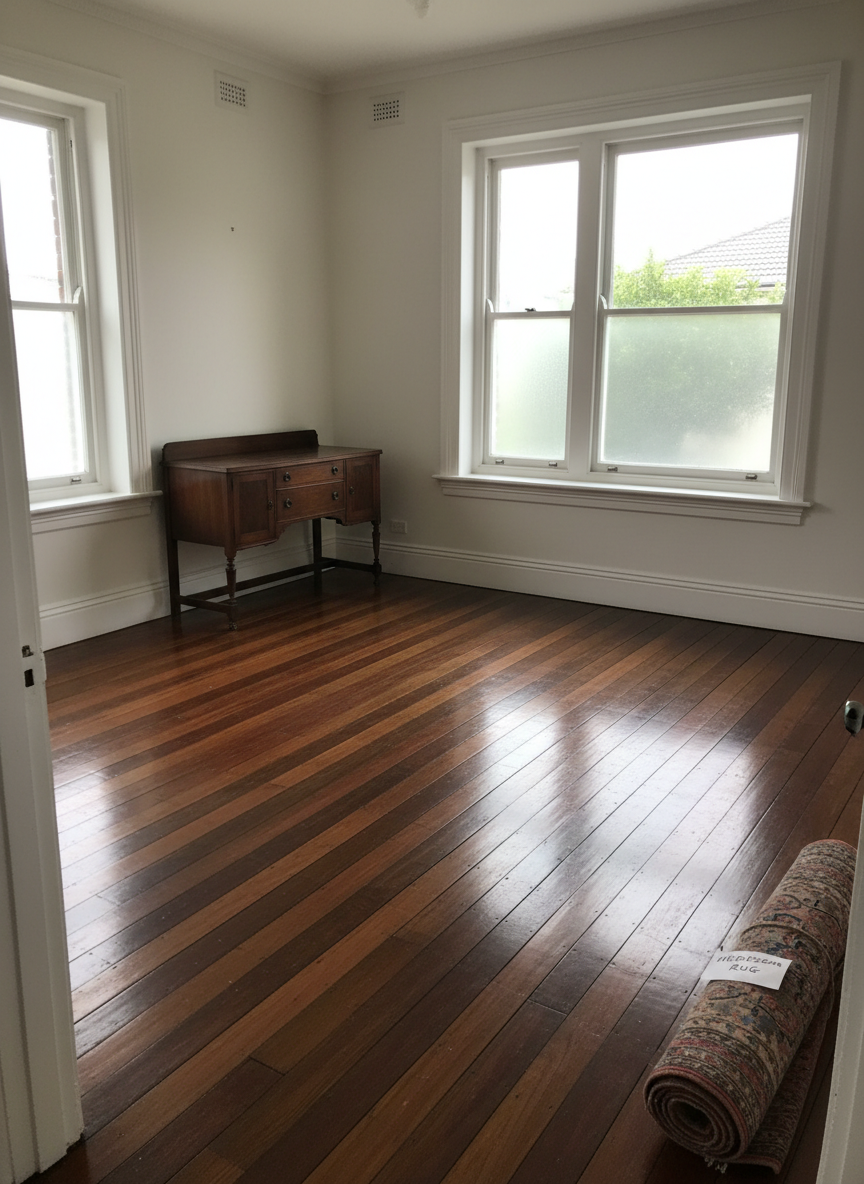 An organized deceased estate interior in a classic Victorian-era home, showing a bright, clean living room after a respectful clear-out. Original polished timber floorboards gleam, free from clutter, with a few remaining dignified heirloom pieces: an empty antique sideboard against the wall and a neatly folded vintage rug rolled and labeled in one corner. Large sash windows allow diffused overcast daylight to pour in, illuminating dust-free skirting boards and freshly wiped window sills. Photographic realism from a slightly wide, eye-level perspective, with crisp detail from foreground to background. The composition emphasizes spaciousness and order, conveying a professional, caring approach to estate clear-outs without showing any personal items or photographs, and creating a serene, respectful mood.