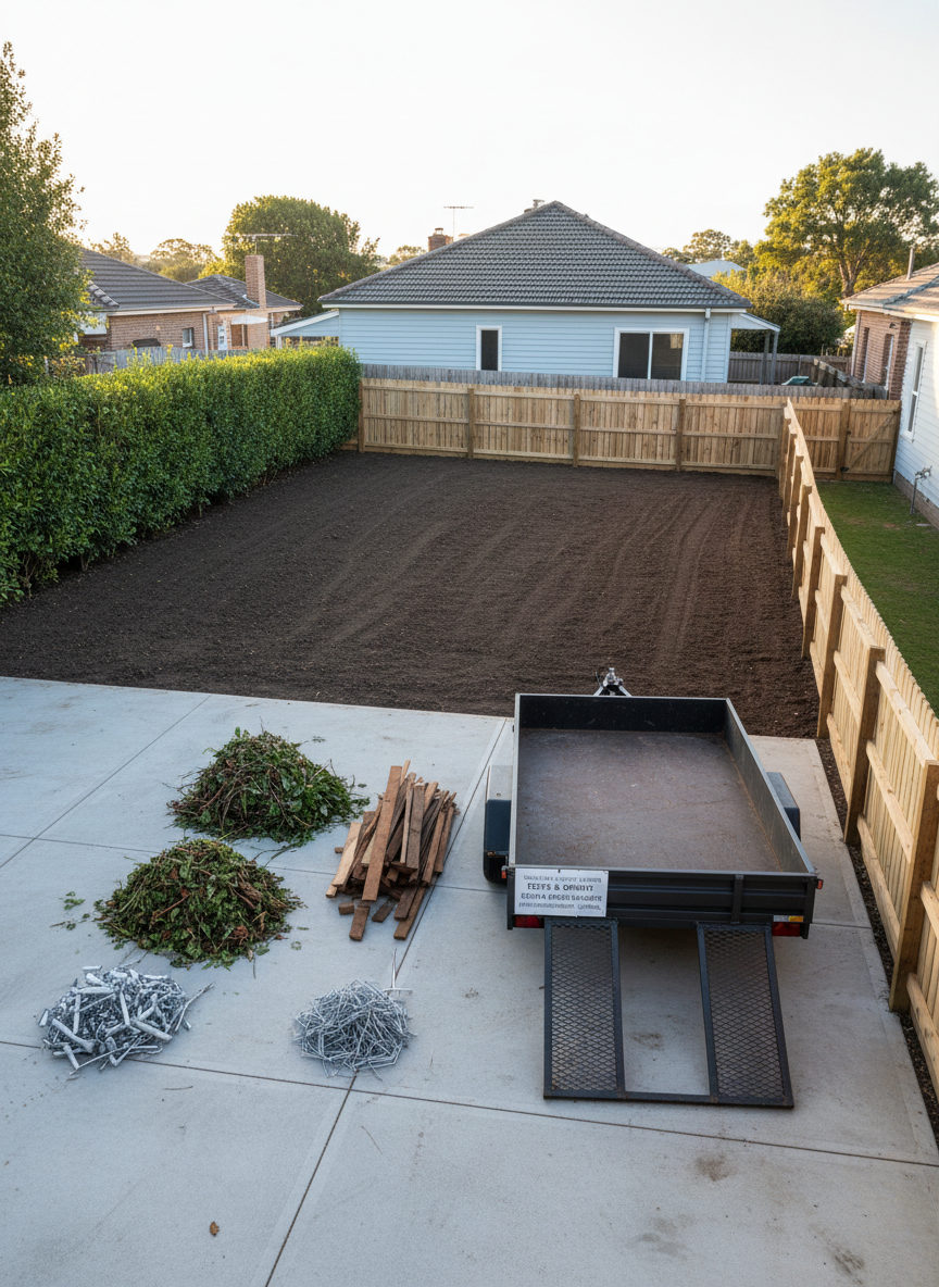 A freshly cleared suburban backyard of a Melbourne weatherboard home, with a neatly raked expanse of earth where overgrown shrubs once stood, framed by a newly trimmed hedge and a restored timber fence. Tidy piles of sorted green waste, timber offcuts, and metal recyclables sit organized beside a clean, open driveway with an empty tandem trailer parked ready. Soft late afternoon natural light casts gentle shadows across the even ground, highlighting the sense of order and space. Photographic realism from a slightly elevated eye-level angle, wide composition with sharp focus throughout, conveying a professional, trustworthy, and caring estate and garden clear-out service across Melbourne and country Victoria.