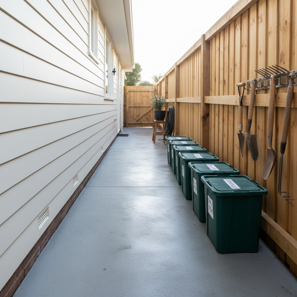 A side passage of a Yarra Valley home after comprehensive garden and exterior clean-up, featuring a once-cluttered area now completely organized. A narrow concrete path runs straight between the house wall and a newly repaired timber fence, both freshly cleaned. Along the fence, labeled storage tubs and neatly stacked gardening tools rest in an orderly row, while the ground shows no leaves, cobwebs, or debris. Soft morning light filters from above, creating subtle highlights on the fence grain and the slightly damp path, with delicate shadows along the wall line. Photographic realism, shot from a low, receding perspective to emphasize depth and transformation. The mood is calm, practical, and reassuring, underscoring meticulous attention to detail in property prep and garden make-overs.