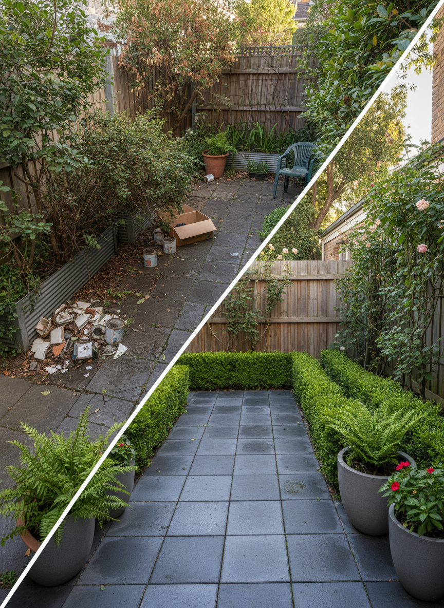 A before-and-after composite style scene of a small Melbourne courtyard, divided diagonally. On one side, an overgrown, cluttered space with dense, tangled shrubs, broken pots, and scattered junk is depicted subtly and tastefully. On the other, the same courtyard appears spotless and inviting: trimmed hedges, swept pavers, repotted healthy plants in uniform containers, and all junk removed. Consistent soft afternoon natural light ensures realism across both halves, with gentle shadows from a nearby fence and foliage. Photographic realism with a wide-angle, eye-level view and clear, sharp details in both sections. The overall mood is hopeful and transformative, visually demonstrating the dramatic difference professional estate clear-outs and garden make-overs can achieve while remaining clean, modern, and professional.