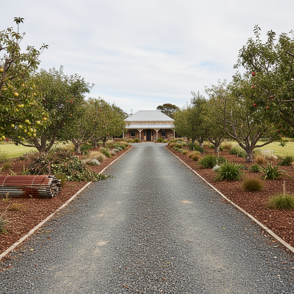 A rural property in country Victoria with a large, previously neglected garden now restored and tidy. The image shows a wide gravel driveway cleared of debris, bordered by neatly pruned fruit trees and revitalized garden beds filled with low-maintenance native plants and fresh bark mulch. In the midground, an orderly stack of old corrugated iron and timber is bundled for recycling beside a separated pile of green waste ready for chipping. Soft, slightly overcast afternoon light creates an even, natural illumination with gentle shadows under the trees. Photographic realism, captured from a slightly elevated angle to reveal the full layout of the property, with strong depth and clarity. The mood is peaceful and reassuring, highlighting thorough country estate clean-up and garden care.