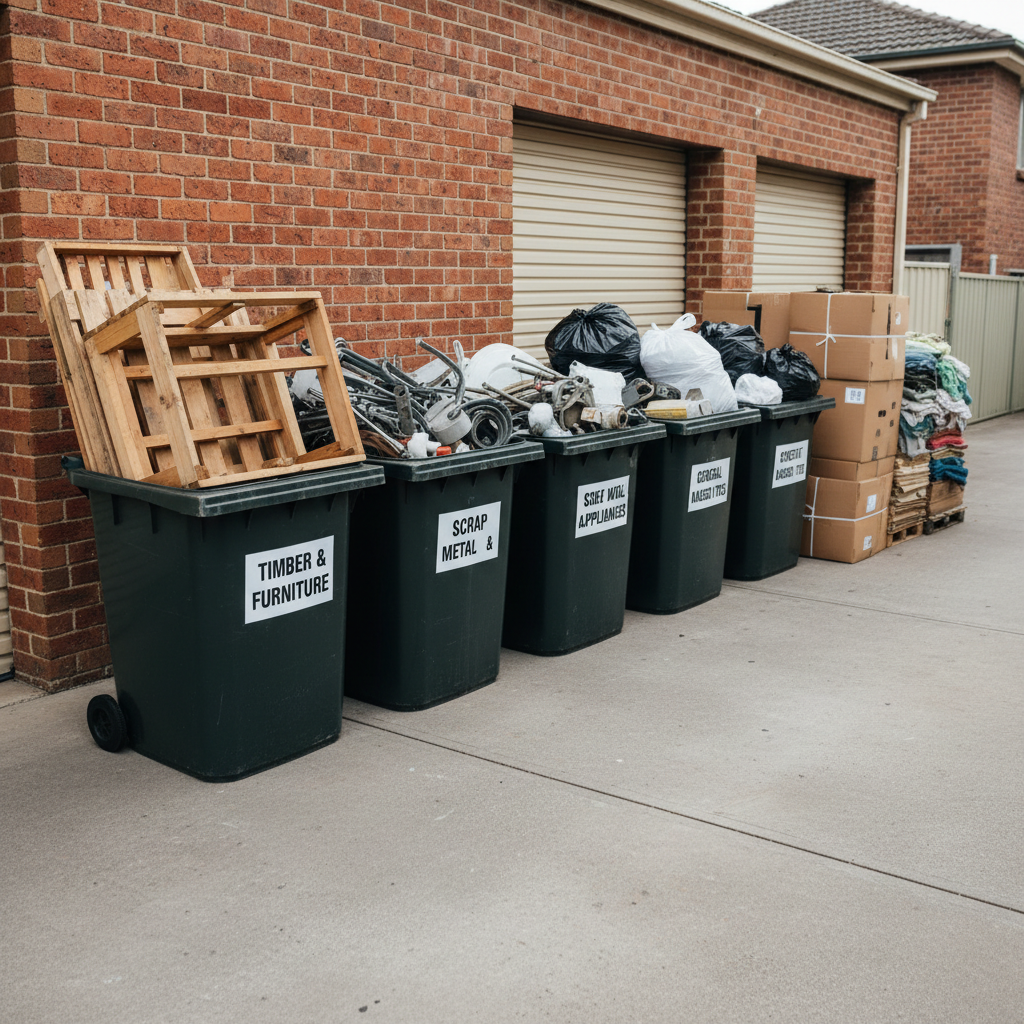 A clean, efficient junk removal staging area beside a brick garage, showcasing sorted materials ready for responsible disposal. Several labeled, open-top skip bins are aligned on a smooth concrete driveway: one filled neatly with old furniture frames and broken timber, another with metal items, and a third with bagged general waste. Nearby, a row of neatly stacked, flattened cardboard boxes and bundled textiles reinforces the sense of organization and care. Overcast daylight provides soft, shadow-free lighting, emphasizing textures and cleanliness without harsh contrasts. Photographic realism with a slightly elevated, three-quarter view, sharp focus throughout, and a clean, professional aesthetic. The composition quietly communicates environmentally conscious, methodical junk removal as part of estate and pre-sale property services in Melbourne and surrounding regions.