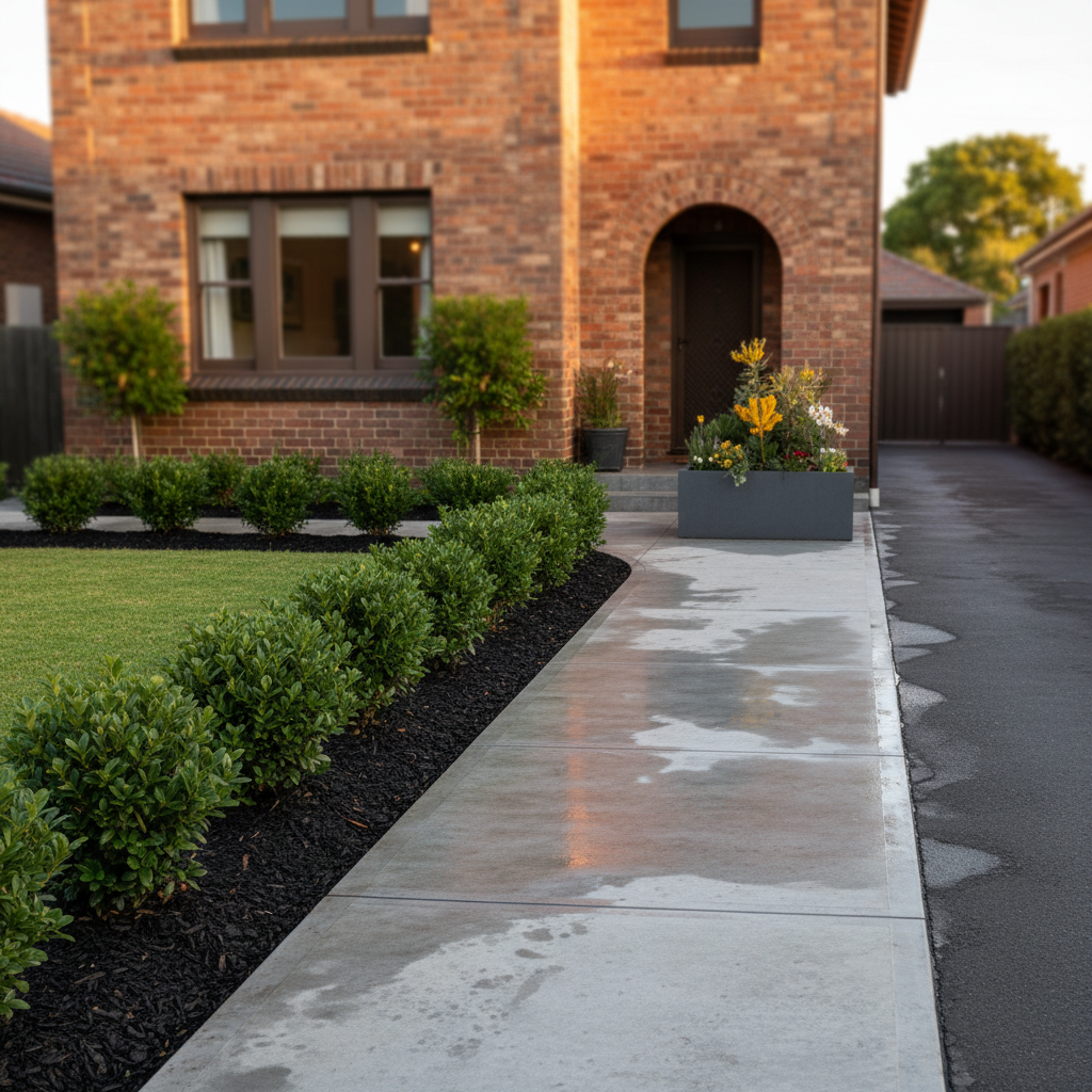 The front yard of an older brick Melbourne home prepared for sale, with a freshly mulched garden bed, symmetrical rows of healthy, pruned shrubs, and a clean, high-pressure-washed concrete path leading to the front door. The lawn is neatly edged with crisp lines against the driveway and garden beds, and a modern outdoor planter with thriving native plants adds a welcoming accent near the entrance. Gentle golden hour light warms the bricks and foliage, creating subtle highlights on the wet concrete where it has just dried. Photographic realism, shot at eye level using the rule of thirds, with the house slightly blurred to keep the foreground garden and path in sharp focus, evoking a calm, ready-for-inspection atmosphere.