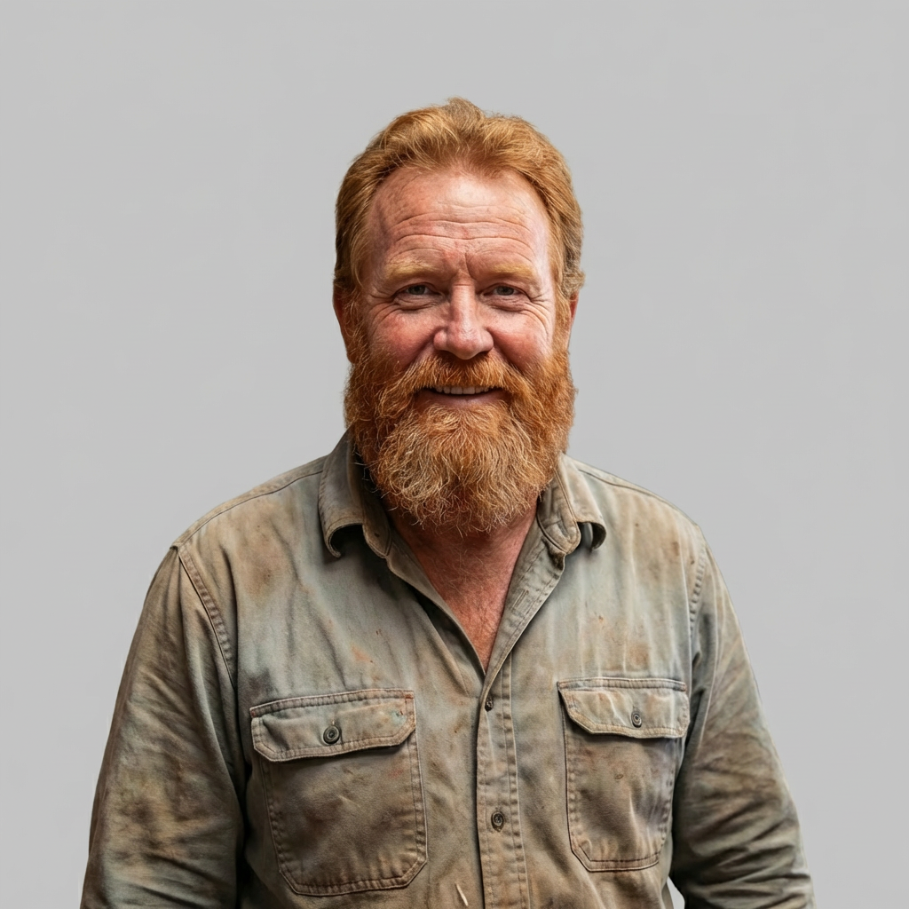 A smiling man with a red beard standing in a workshop full of tools.