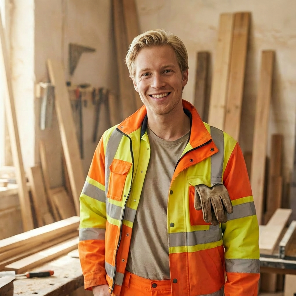 A tired carpenter wiping sweat from his brow while standing in a woodworking shop.