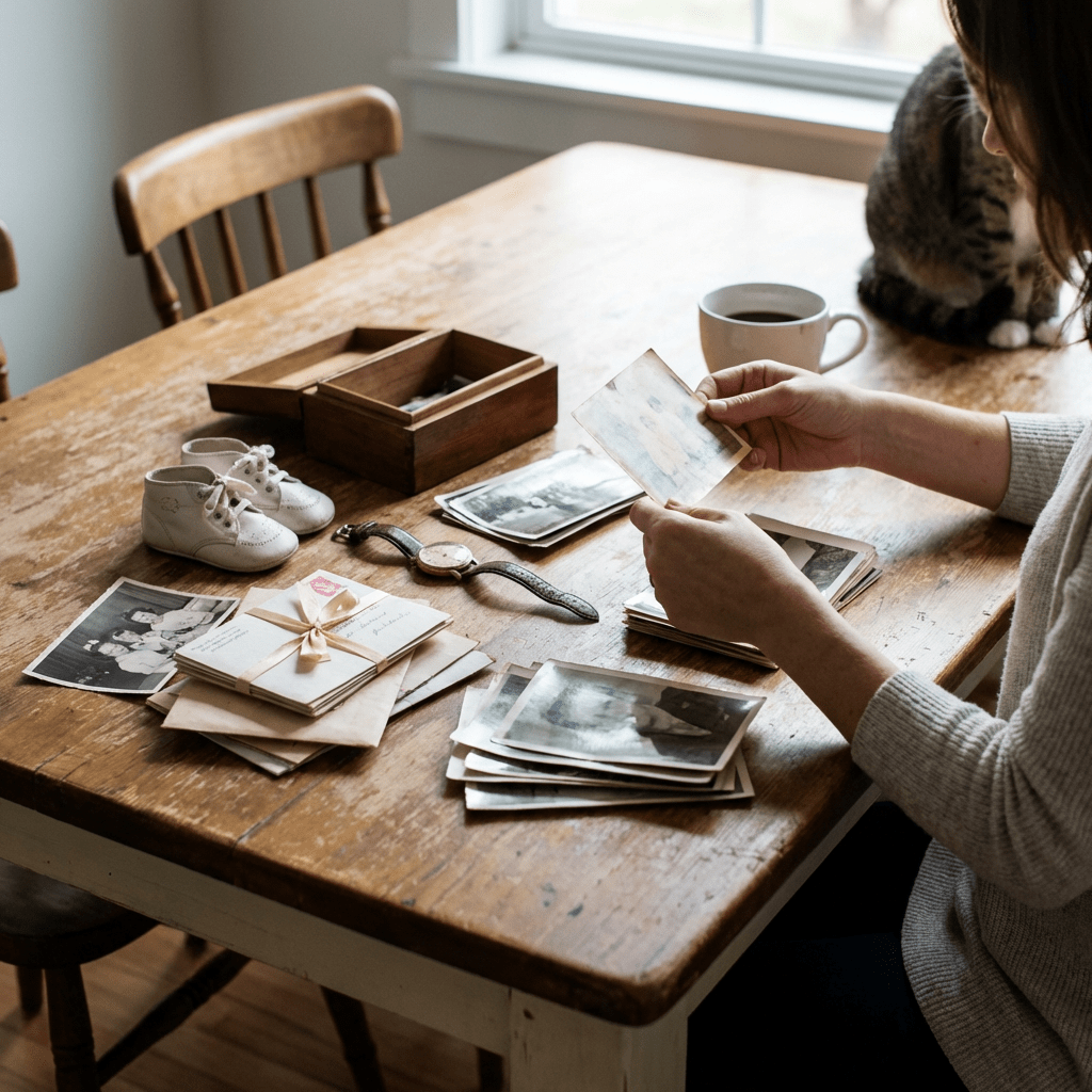 A person at a wooden table holding an old photograph among vintage keepsakes and letters.