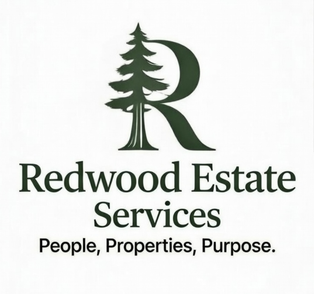 The image is a logo for Redwood Estate Services. It features a stylized letter "R" with a tree inside it, accompanied by t...